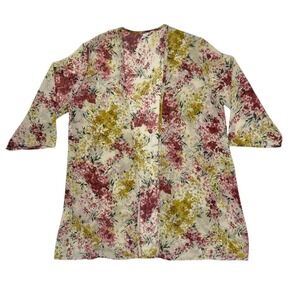 Floral Kimono Cardigan XL Cream Burgundy Sheer Chiffon Cover Up Boho Cottagecore